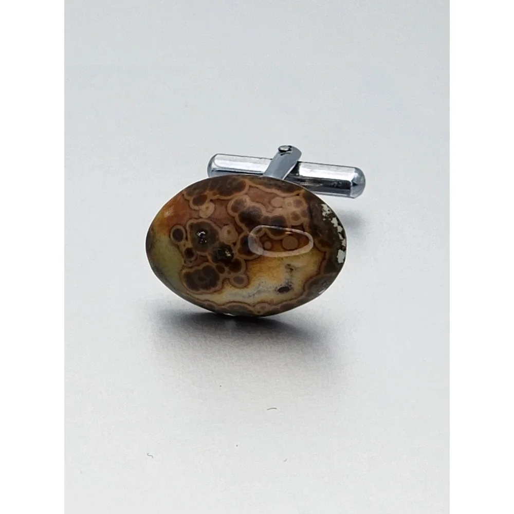 Vtg AGATE W/ FOSSILS Cabochon Men's Tie‎ Bar Clip & Cufflinks Set FREE $HIPPING!